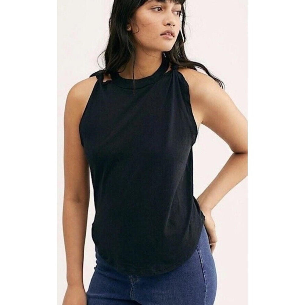 WE THE FREE Twist Tie Tank Top Sz S Black Crewneck Sleeveless Cotton Minimalist